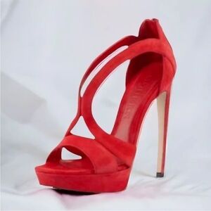 Alexander McQueen Red Suede Cutout Platform Stiletto